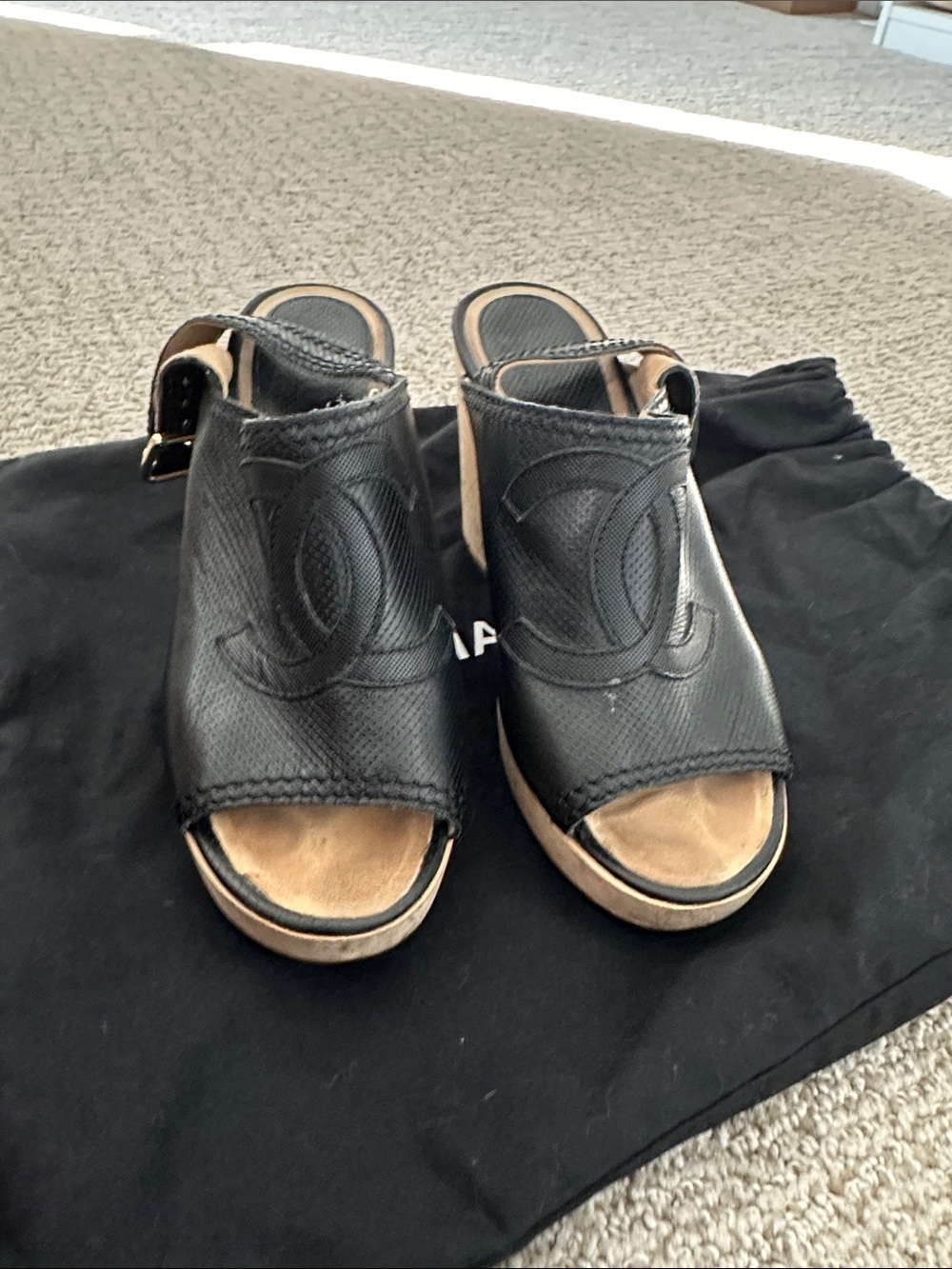 CHANEL Black Leather Peep-Toe Cork Block Heel Mules - Picture 10 of 10